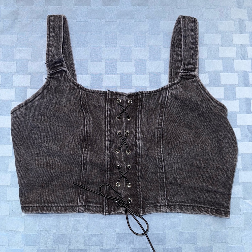 Charcoal Lace-Up Denim Crop Top